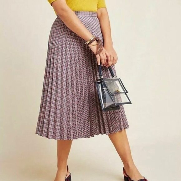 Anthropologie Maeve Houndstooth Print A-Line Pleated Midi Skirt (NWT) - Picture 1 of 5